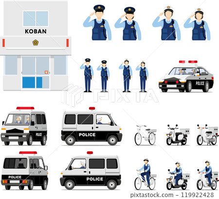 警亭、警員和巡邏車套裝_警察、警員、汽車、摩托車、自行車 警亭、警員和巡邏車套裝_警察、警員、汽車、摩托車、自行車 119922428
