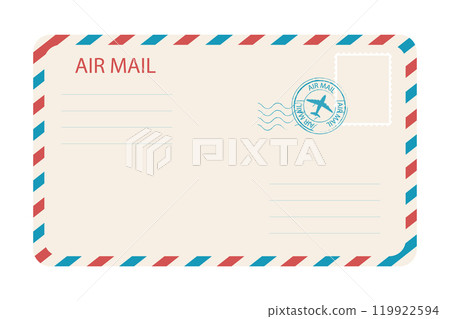 Air mail envelope with spriped border, stamp and mark. Retro Vintage postage card. Blank template with stamp. Airmail frame 119922594