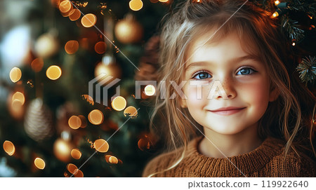 Little girl smiling and posing in front of christmas tree 119922640