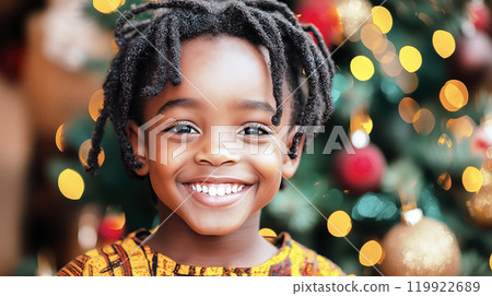 Young boy smiling in front of christmas tree Young boy smiling in front of christmas tree 119922689