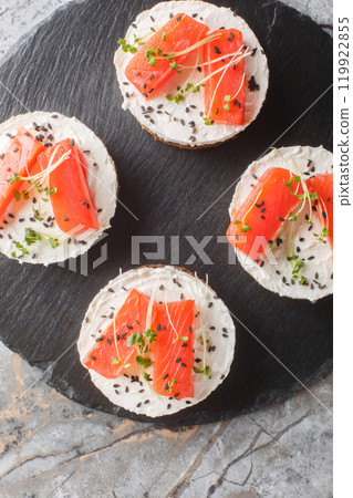 Smoked Salmon cheesecake breakfast sandwich toast closeup on slate plate. Vertical top view Smoked Salmon cheesecake breakfast sandwich toast closeup on slate plate. Vertical top view 119922855