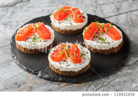 Healthy cheesecake sandwiches with red fish, cream cheese, sesame and microgreens close-up on slate plate. Horizontal 119922856