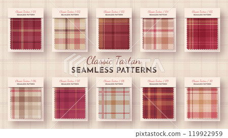 10 Seamless Simple Tartan Pattern. Traditional Scottish Texture. Fashionable Fabric. Textile Background 119922959