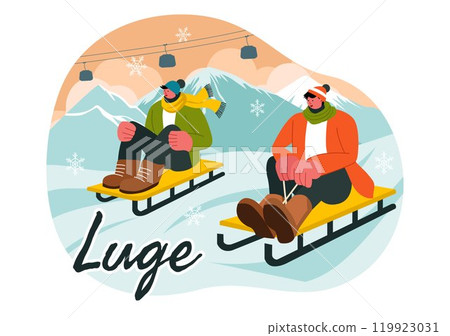 Luge Sled Race Athlete Winter Sport Vector Illustration featuring an Athlete Riding a Sled on Ice in a Flat Style Cartoon Background Luge Sled Race Athlete Winter Sport Vector Illustration featuring an Athlete Riding a Sled on Ice in a Flat Style Cartoon Background 119923031