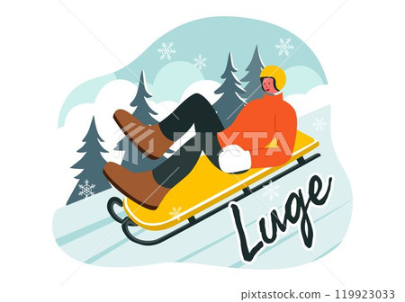 Luge Sled Race Athlete Winter Sport Vector Illustration featuring an Athlete Riding a Sled on Ice in a Flat Style Cartoon Background 119923033