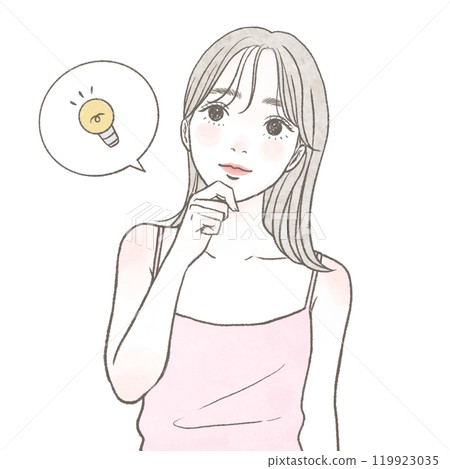 A woman with her hand on her chin, smiling and looking up as if she has an idea 119923035