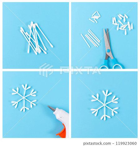 Step-by-step collage showing DIY cotton swab snowflake ornaments with hot glue gun and scissors 119923060
