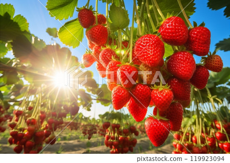 Close-up view of juicy, ripe red strawberries thriving on a modern and sustainable plantation 119923094