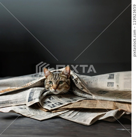 A brown tabby cat playing with a newspaper 119923659