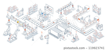 Automated warehouse robots are autonomous machines that streamline warehouse operations through smart automation technology concept. Vector eps10 Automated warehouse robots are autonomous machines that streamline warehouse operations through smart automation technology concept. Vector eps10 119923741