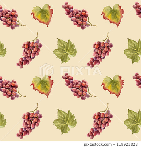 Purple grapes bunch with green leaves seamless pattern on pastel beige. Ripe Pinot Noir fruit branches for fall harvest and winery designs. Juicy Sangiovese berries repeat background Purple grapes bunch with green leaves seamless pattern on pastel beige. Ripe Pinot Noir fruit branches for fall harvest and winery designs. Juicy Sangiovese berries repeat background 119923828