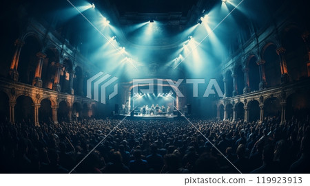 Rear view of spectators cheering and dancing in a packed concert hall environment 119923913