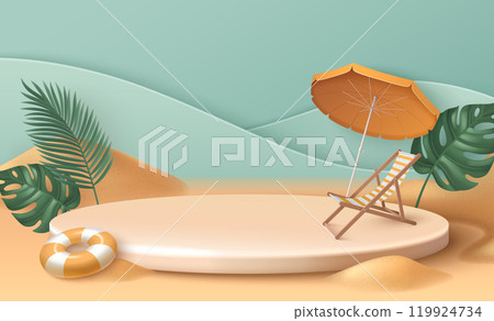 3d summer beach banner with podium and sand vector 3d summer beach banner with podium and sand vector 119924734