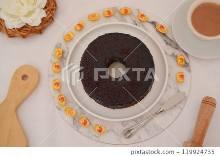 chocolate cake with white icing sugar 119924735