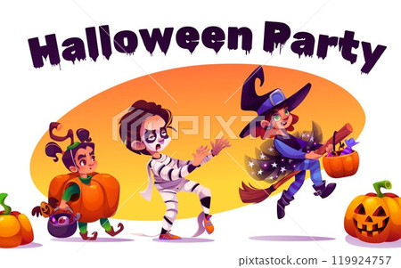 Halloween party banner with kids in costumes 119924757