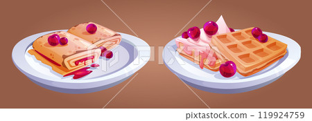 Crepe pancake food with waffle on plate isolated Crepe pancake food with waffle on plate isolated 119924759