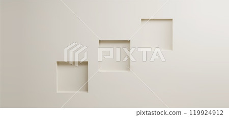 Three empty square niches on beige wall Three empty square niches on beige wall 119924912