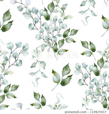 Sage green leaves and eucalyptus bouquet watercolor seamless pattern isolated. Delicate plants in soft tones on repeated texture painted. Foliage background in pastel tones hand drawn design textile. Sage green leaves and eucalyptus bouquet watercolor seamless pattern isolated. Delicate plants in soft tones on repeated texture painted. Foliage background in pastel tones hand drawn design textile. 119925017