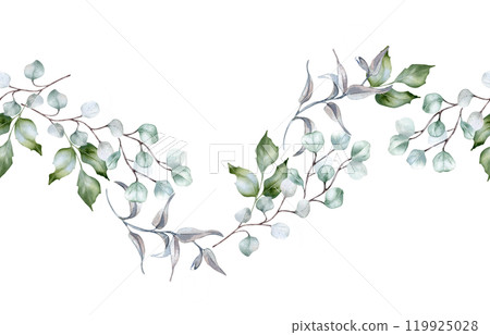 Wavy greenery seamless border in sage green colors watercolor isolated. Soft green leaves holly, branches of eucalyptus, curvy vine hand drawn. Botanical foliage repeating pattern for design textile. 119925028