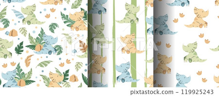 Set of Seamless patterns with cute dinosaurs in flat style. Endless texture with baby dinosaur, tropical plants and footprints. Childish background for fabric 119925243