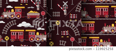 Set of seamless patterns with a steam locomotive in flat style. Childish background with toy train for fabric, wallpaper, scrapbooking, etc. 119925258