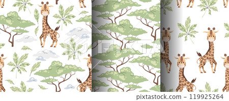 Set of seamless patterns with cute giraffes in flat style. Repeating background with African animals, palm leaves and acacia. Childish illustration for fabric, wallpaper, wrapping paper, scrapbooking 119925264