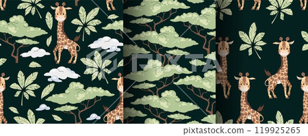 Set of seamless patterns with cute giraffes in flat style. Repeating background with African animals, palm leaves and acacia. Childish illustration for fabric, wallpaper, wrapping paper, scrapbooking Set of seamless patterns with cute giraffes in flat style. Repeating background with African animals, palm leaves and acacia. Childish illustration for fabric, wallpaper, wrapping paper, scrapbooking 119925265