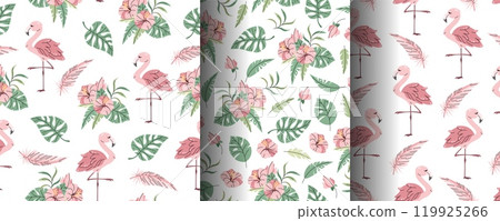 Set of seamless patterns with cute flamingos in flat style. Repeating background with tropical birds, hibiscus and leaves. Childish illustration for fabric, wallpaper, wrapping paper, scrapbooking, Set of seamless patterns with cute flamingos in flat style. Repeating background with tropical birds, hibiscus and leaves. Childish illustration for fabric, wallpaper, wrapping paper, scrapbooking, 119925266