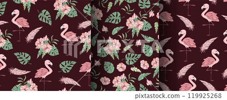 Set of seamless patterns with cute flamingos in flat style. Repeating background with tropical birds, hibiscus and leaves. Childish illustration for fabric, wallpaper, wrapping paper, scrapbooking, Set of seamless patterns with cute flamingos in flat style. Repeating background with tropical birds, hibiscus and leaves. Childish illustration for fabric, wallpaper, wrapping paper, scrapbooking, 119925268
