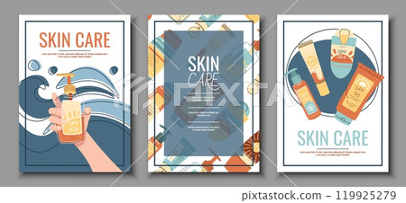 Skin care flyer design set. Summer poster with sunscreen creams with spf. Body skin care, skin moisturizing. Banner for beauty salon, spa, etc. 119925279