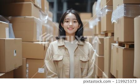 一名婦女在裝滿紙板的倉庫裡工作 119925373