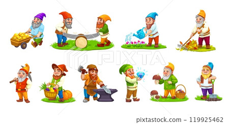 Cartoon gnome dwarf characters. Cute fairy tale small garden gnome vector personages with magic hats, mushroom, wheelbarrow and pickaxe. Funny gardener, miner, blacksmith and lumberjack dwarfs Cartoon gnome dwarf characters. Cute fairy tale small garden gnome vector personages with magic hats, mushroom, wheelbarrow and pickaxe. Funny gardener, miner, blacksmith and lumberjack dwarfs 119925462