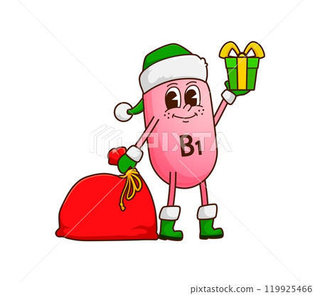 Christmas cartoon groovy vitamin B1 character as Santa for winter holiday, vector micronutrient. Funny groovy vitamin B1 in Santa hat with gifts bag and happy face for Christmas and New Year emoji 119925466