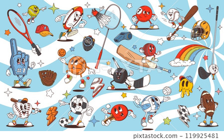 Retro cartoon groovy sport characters of soccer or football balls, vector comic art. Groovy sport characters of funky volleyball and freaky baseball bat with rugby ball and gold club in retro cartoon Retro cartoon groovy sport characters of soccer or football balls, vector comic art. Groovy sport characters of funky volleyball and freaky baseball bat with rugby ball and gold club in retro cartoon 119925481