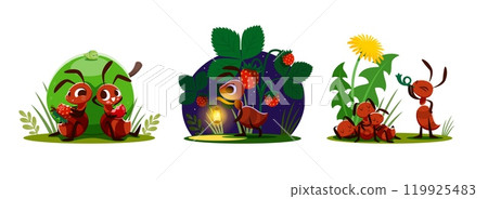 Cartoon ant insects characters. Cute bugs of anthill colony vector personages eating fruits, waking sleeping baby ants with horn and walking with lantern at night. Funny happy smiling bugs characters 119925483