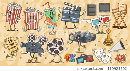 Cartoon retro groovy movie cinema characters. Cute popcorn, ticket, soda and 3d glasses vector personages of vintage movie theater. Funny film reel, video projector, director chair and clapperboard 119925502