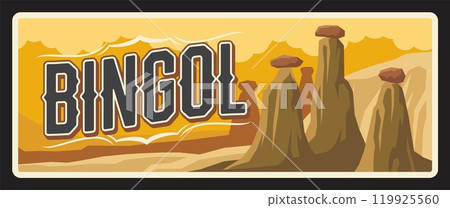 Bingol Turkey province vintage travel plate, mountains landscape retro tin plaque. Famous Turkish landmark, retro board, signboard, touristic travel destination sign. Bingol Province and District Bingol Turkey province vintage travel plate, mountains landscape retro tin plaque. Famous Turkish landmark, retro board, signboard, touristic travel destination sign. Bingol Province and District 119925560