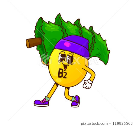Cartoon groovy vitamin B2 character with Christmas tree for winter holiday, vector micronutrient. Funny groovy vitamin B2 with happy face and smile carrying Christmas tree for New Year holiday emoji 119925563