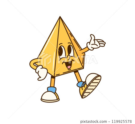 Cartoon groovy math geometric hexagonal pyramid figure character. Isolated vector playful educational shape personage in lively pose, wearing hippie sneakers and showing fun, mischievous expression Cartoon groovy math geometric hexagonal pyramid figure character. Isolated vector playful educational shape personage in lively pose, wearing hippie sneakers and showing fun, mischievous expression 119925578