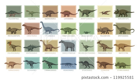 8 bit pixel art prehistoric dinosaurs and dino lizards species, vector icons. Jurassic lizards in 8bit pixel art for kids paleontology and dino atlas of giant aquatic reptiles and pterosaur birds 119925581