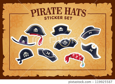 Cartoon pirate tricorn hat and bandana stickers of corsair or captain sailor, vector icons. Kids pirate hats stickers, boatswain corsair tricorne hat with Jolly Roger crossbones and bandana with skull 119925587