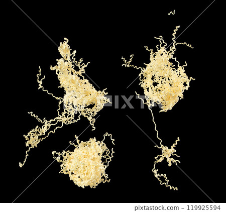 Instant noodle fly in mid air. Pouring instant Noodle fall spill splash. Noodle food is ramen Japanese soup Chinese. Black background isolated 119925594