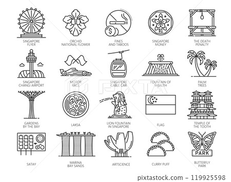 Singapore travel vacation icons with thin line landmarks. Vector Singapore flyer, flag, buildings of Marina Bay Sands and changi airport. Artscience museum, orchid and gardens by the bay outline signs 119925598