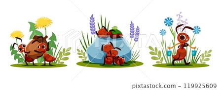 Cartoon ant characters, cute insect colony vector personages set. Funny brown ant characters sleeping on anthill, happy insect family carrying food and water to anthill, wild flowers and green grass 119925609