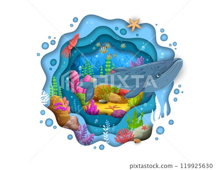Paper cut underwater landscape with cute blue whale, vector undersea ocean background. Tropical fishes and coral reef underwater animals, squid with starfish and blue whale in underwater paper cut 119925630