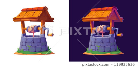 Cartoon farm stone water well for game or Medieval ancient fairy tale story, vector icon. Water well of stone bricks with wooden roof and pulley with handle and rope for bucket of old farm water well Cartoon farm stone water well for game or Medieval ancient fairy tale story, vector icon. Water well of stone bricks with wooden roof and pulley with handle and rope for bucket of old farm water well 119925636