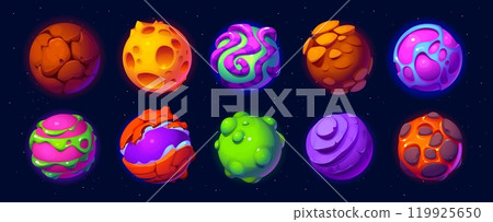 Cartoon fantasy galaxy alien space planets on night sky background, vector game UI. Outer space planets of alien universe galaxy or magic world with stone and fire lava surface, craters and cracks 119925650