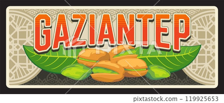 Gaziantep Turkey provinces vintage plate or banner. Vector travel destination sign, tourist billboard. Retro board, antique signboard of touristic Turkish landmark plaque 119925653