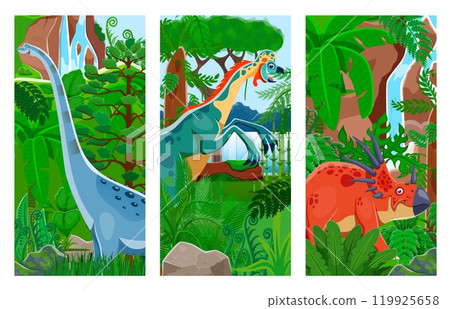 Prehistoric cartoon dinosaurs and funny dino lizards in Jurassic park forest, vector banners. Prehistoric dinosaurs world in jungle forest with titanosauria, oviraptor and styracosaurus for kids book 119925658