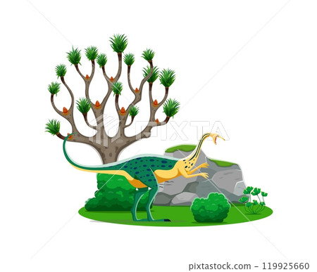 Elmisaurus prehistoric dinosaur character, genus of theropod dino from the Late Cretaceous. Isolated cartoon vector omnivore bipedal reptile animal at lush landscape with tree, rock and green plants Elmisaurus prehistoric dinosaur character, genus of theropod dino from the Late Cretaceous. Isolated cartoon vector omnivore bipedal reptile animal at lush landscape with tree, rock and green plants 119925660